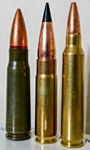 (Left to right): 7.62x39mm, .300 ACC Blackout, .223 Remington